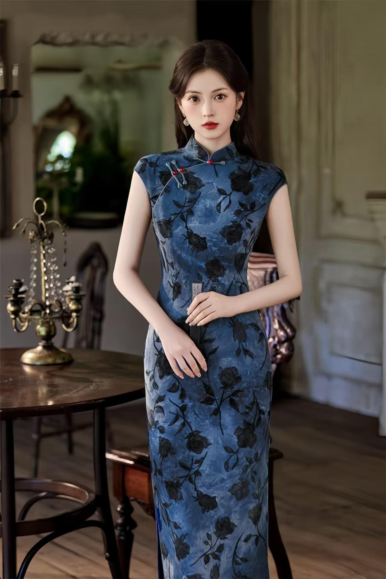 Vestido Qipao Chino Vintage, Maxi Cheongsam Floral Tie Dye,Noche con Cuello Mandarín Retro,Elegante Fiesta Estilo Asiático,Largo Tradicional