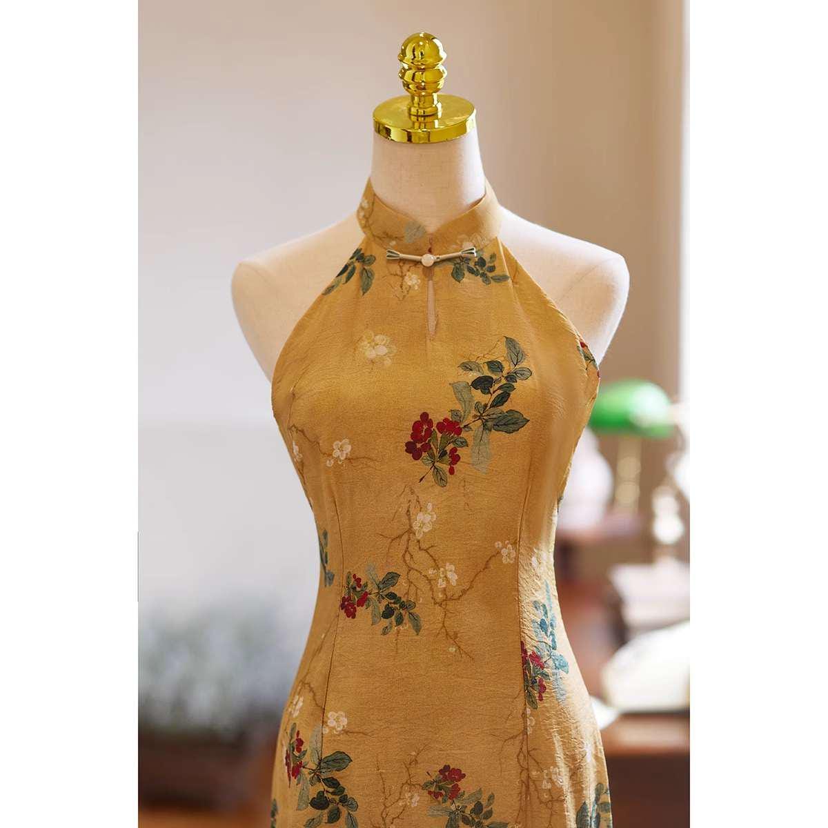 Qipao Vintage de Cuello Halter, Vestido Chino Elegante de Lino y Seda, Cheongsam sin Mangas para Uso Diario, Atuendo Oriental de Verano