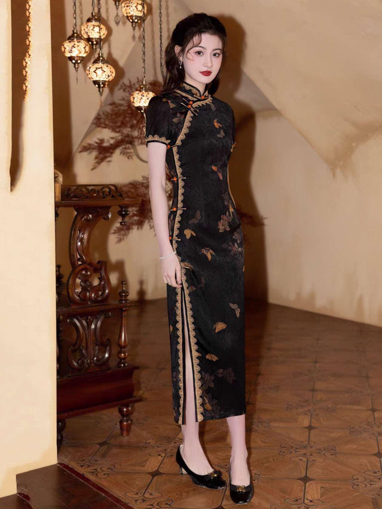 Vestido Qipao Negro, Vestido Cheongsam Vintage,Vestido Chino de Encaje,  Elegante Traje Oriental,Vestido Estampado Mariposa,Ceremonia del Té