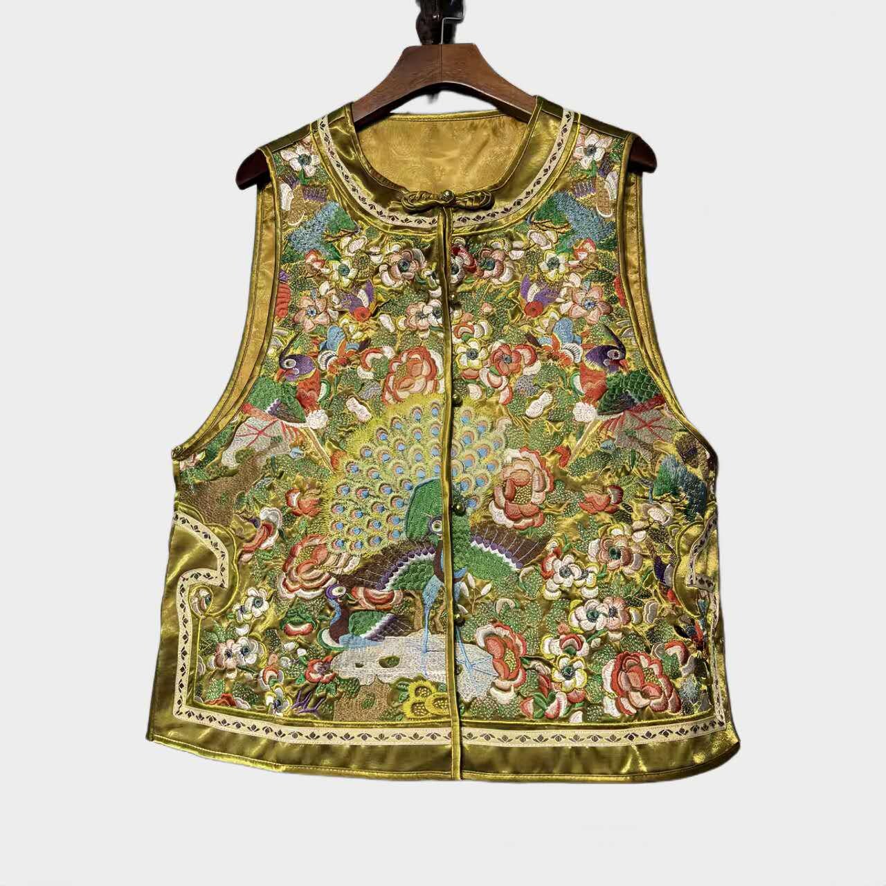 Chaleco Vintage Chino con Bordado Artesanal, Chaleco Estilo Hanfu con Flores y Aves, Regalo Único para Ella, Trabajo diario/Ceremonia del té