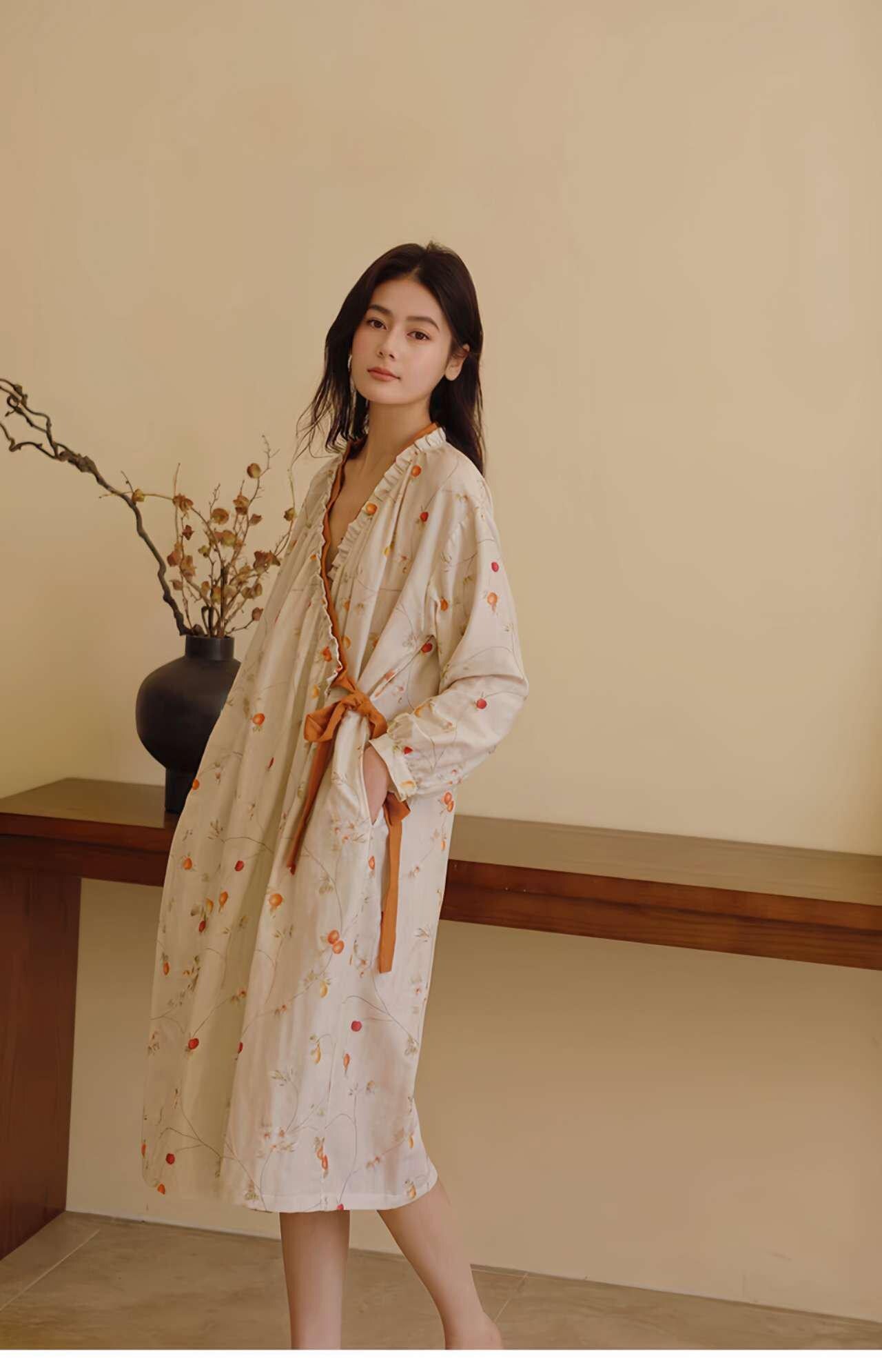 bata japonesa estilo hanfu, kimono de algodón suave,regalo relajante para ella, albornoz de algodón, albornoz orgánico,bata bohemia oriental