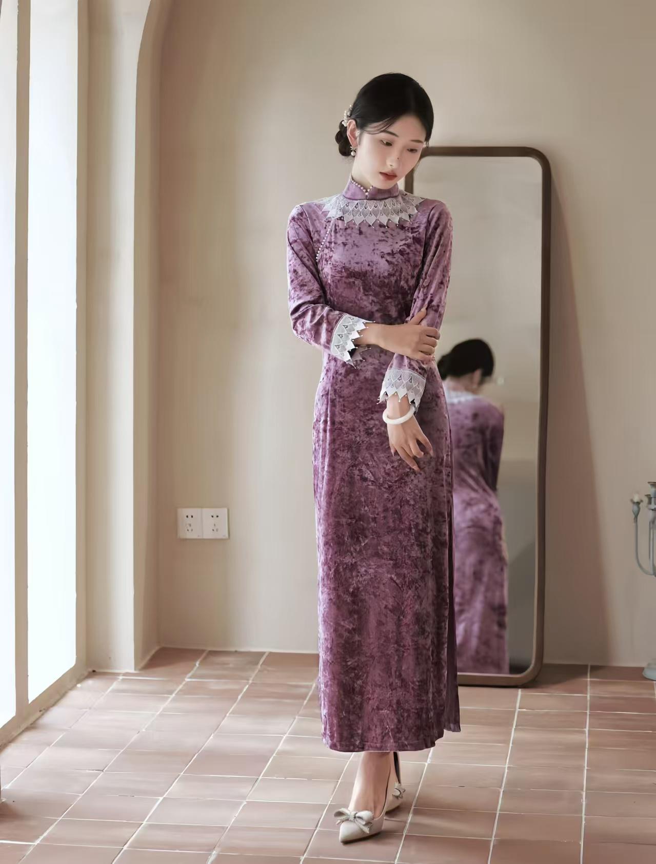 Vestido Qipao de Terciopelo, Vestido Cheongsam Verde Morado, Vestido de Noche Chino, Vestido Largo Tang Vintage,Traje Formal a Medida,regalo