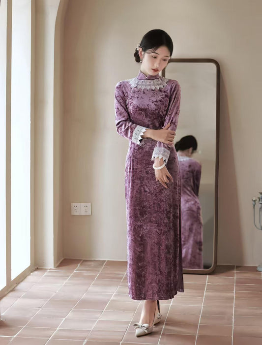 Vestido Qipao de Terciopelo, Vestido Cheongsam Verde Morado, Vestido de Noche Chino, Vestido Largo Tang Vintage,Traje Formal a Medida,regalo