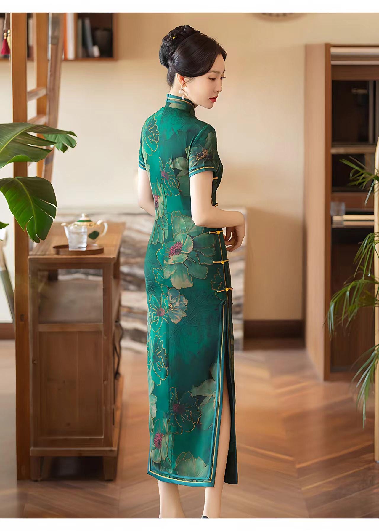 Vestido Cheongsam Verde, Vestido Chino Vintage, Vestido de Ceremonia de Té, Vestido de Noche, Vestido Estilo Dinero Viejo, Ceremonia del Té