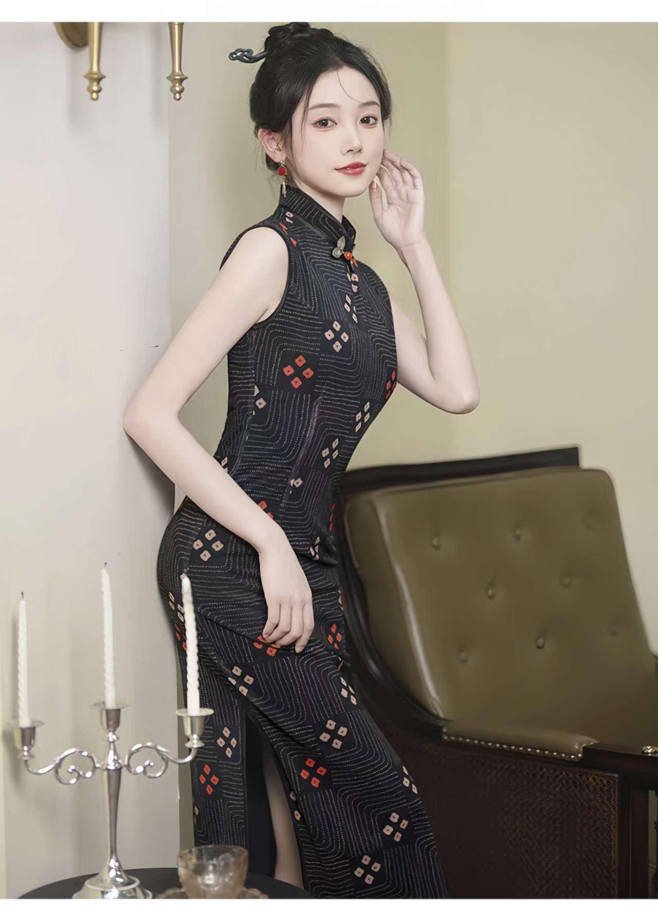 Vestido Qipao Negro, Cheongsam Chino Retro, Elegante Vestido, Vestido Oriental Minimalista, Qipao Geométrico Moderno,Traje de Noche Asiático