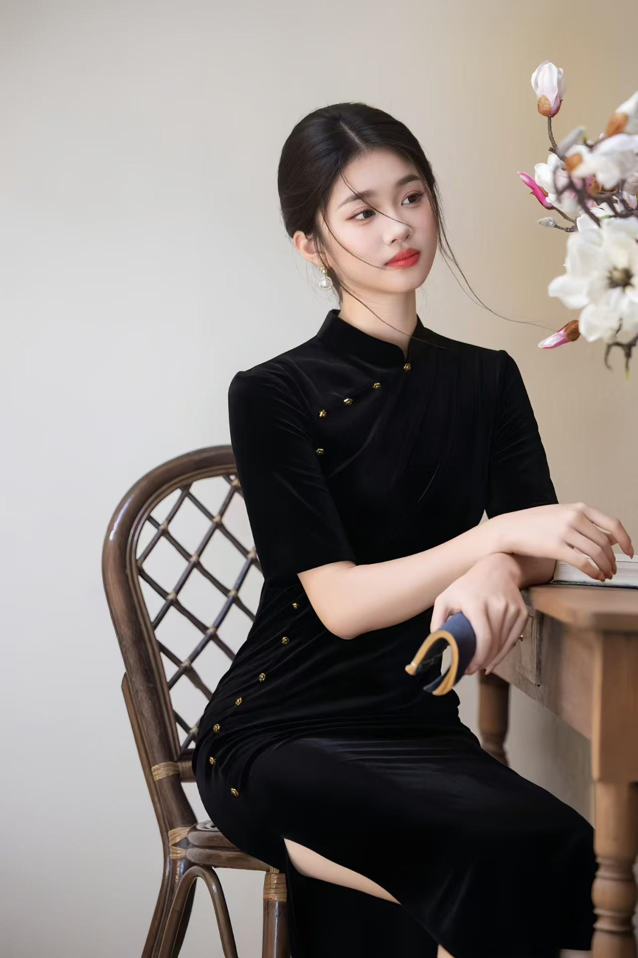 Minimalist Velvet Qipao Dress, Black Cheongsam with Gold Buttons, Elegant Midi Oriental Dress, Luxury Chinese Autumn Dress