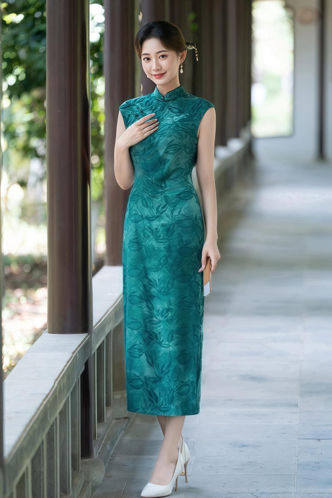 Vestido Qipao Jacquard Floral, Elegante Cheongsam Azul, Vestido Chino Vintage, Vestido Clásico, Oriental Moderno, Vestido Retro Azul Claro