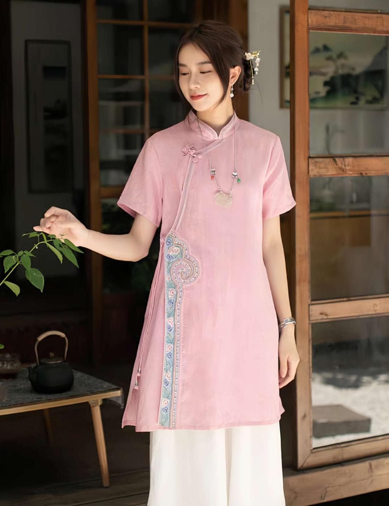 blusa china de lino, camisa de té retro,blusa vintage de inspiración zen， camisa de verano ligera, blusa artística, regalo  para ella