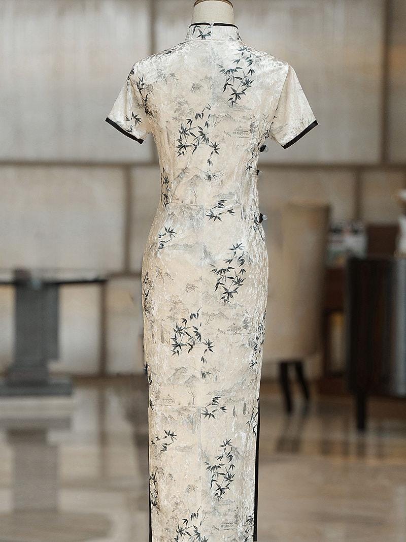 Vestido Qipao de Terciopelo con Bambú,Cheongsam Chino Elegante, Vestido Tradicional Oriental, Manga Corta, regalo para novia