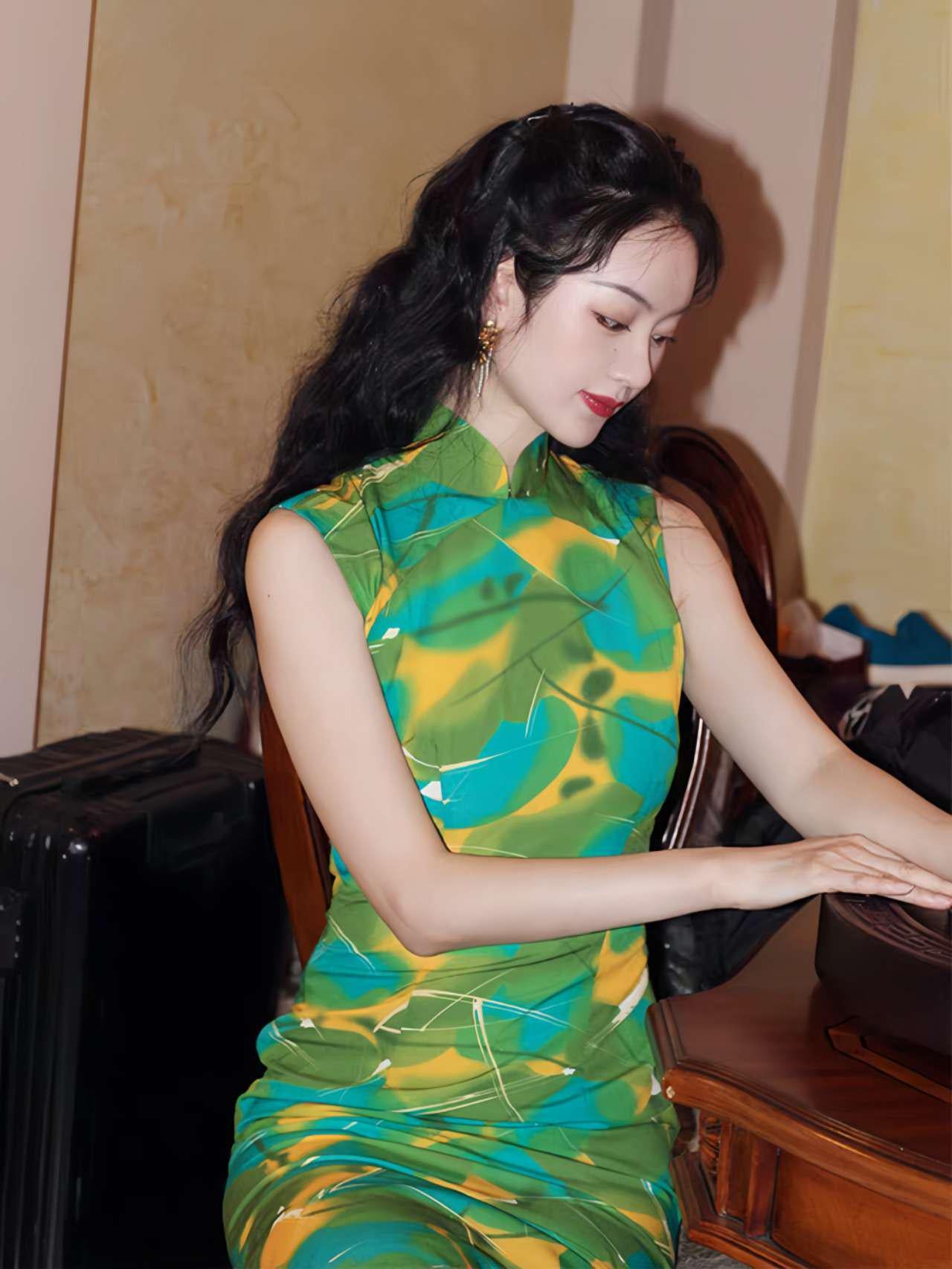 vestido qipao pintura al óleo, cheongsam chino verde moderno, qipao seda japonesa elegante,Vestido Vintage Elegante para Té,regalo para ella