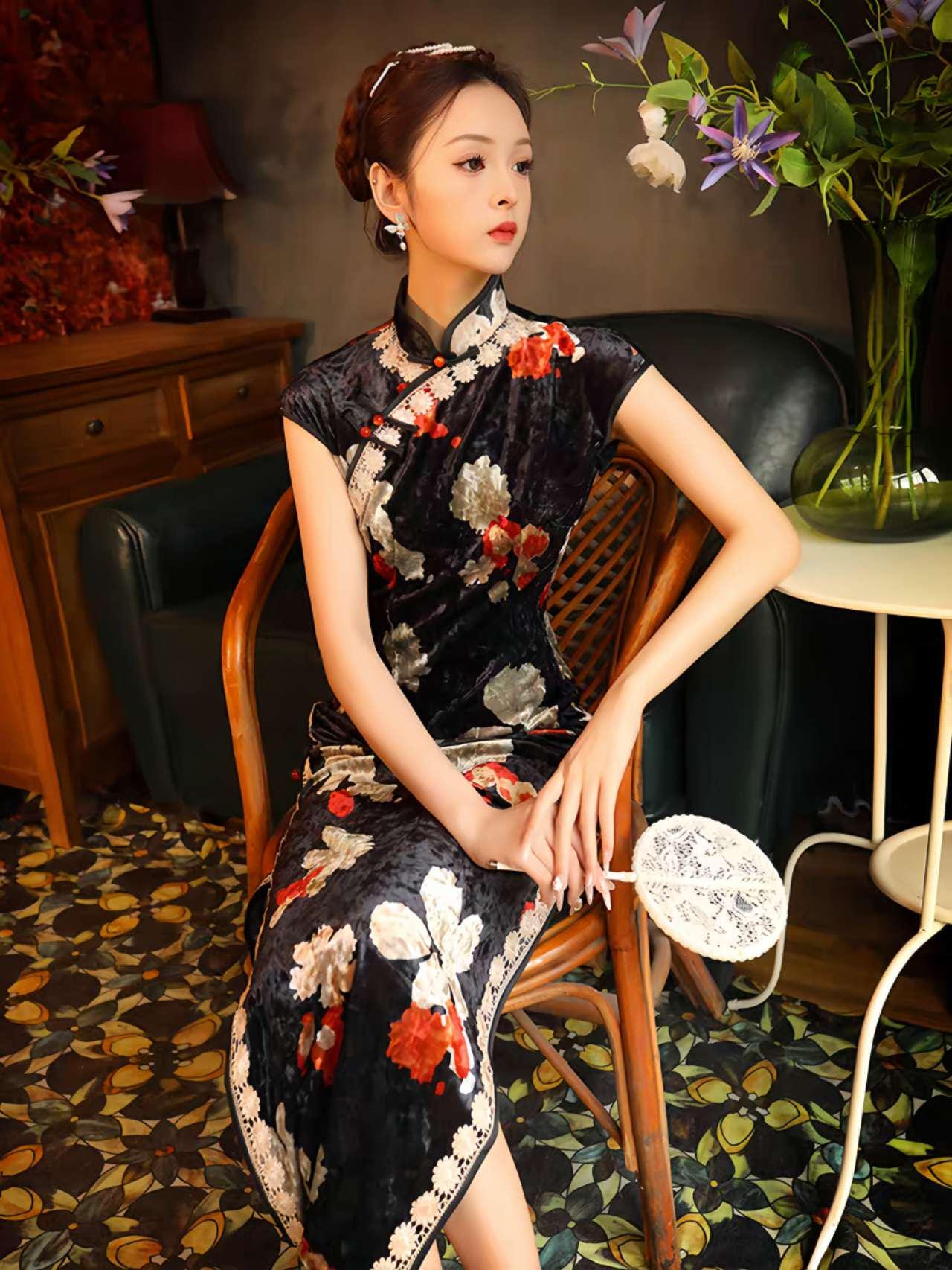 Velvet Qipao Dress, Chinese Cheongsam Dress, Vintage Chinese Dress, Traditional, Plus Size S-4XL, Tea Ceremony Dress