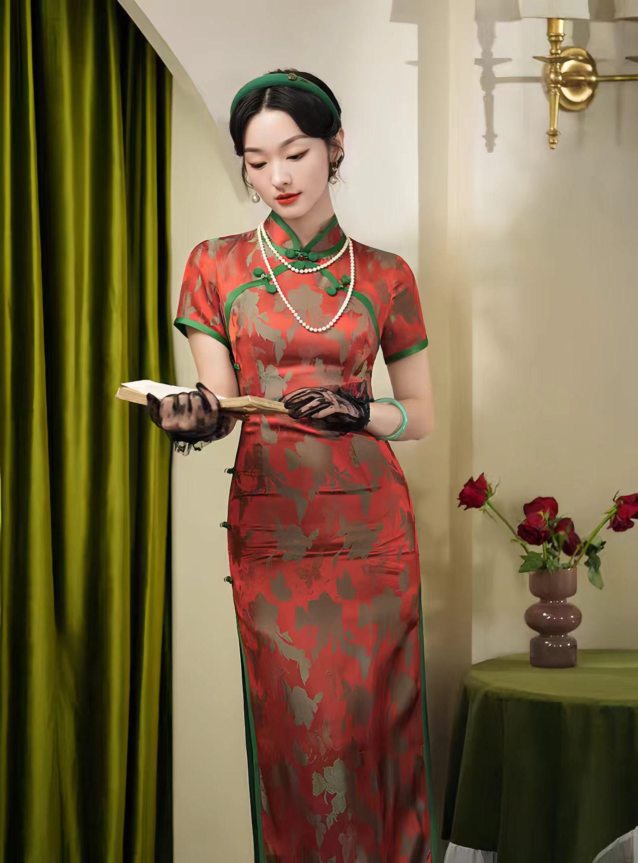 Qipao Brocado rojo, Elegante Cheongsam,Qipao Primavera Verano, Vestido Formal Oriental, Vintage,Cheongsam Invitada de Boda,Ceremonia del Té
