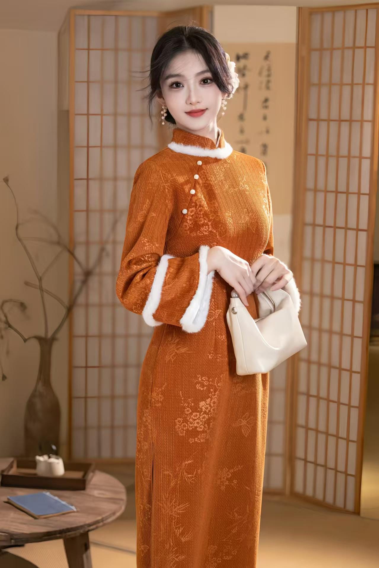 Floral Print Velvet Qipao, Warm Autumn Dress Long Sleeve, Pearl Frog Buttons, Orange Winter Cheongsam, Traditional Chinese, Gift