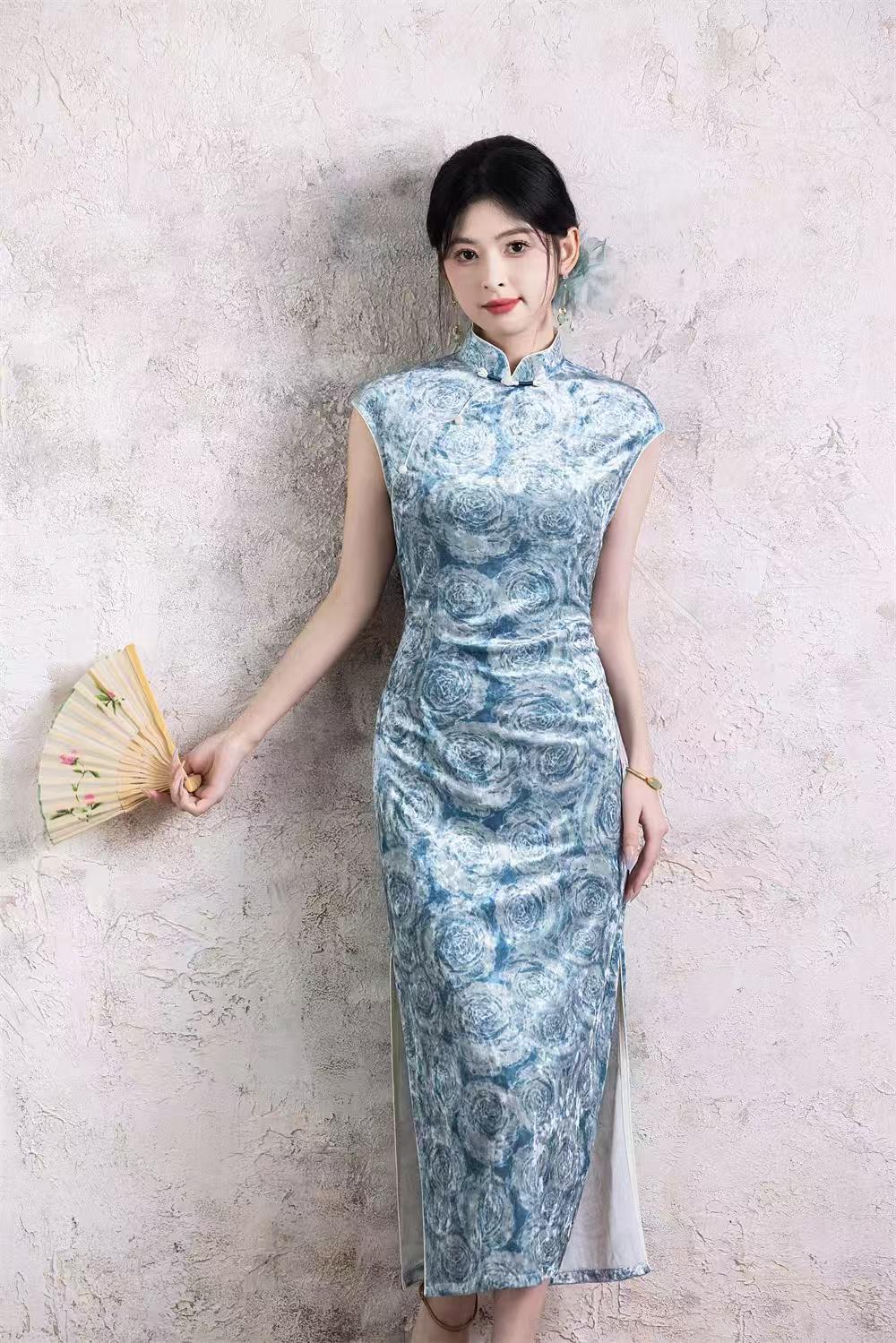 Pink Jacquard Velvet Qipao, Blue Vintage Cheongsam Dress, Elegant Autumn Oriental Dress, Gift for Her, Chinese Style Cocktail Party