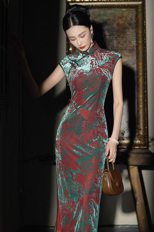 Qipao de terciopelo elegante – Vestido chino clásico – Cheongsam vintage con abertura – Vestido oriental de noche –
