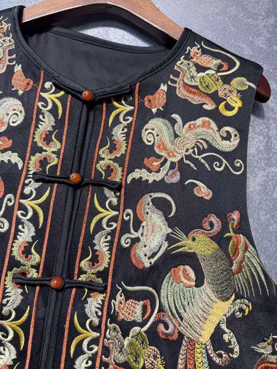 Chaleco Vintage Chino con Bordado Artesanal, Chaleco Estilo Hanfu con Flores y Aves, Regalo Único para Ella, Trabajo diario/Ceremonia del té