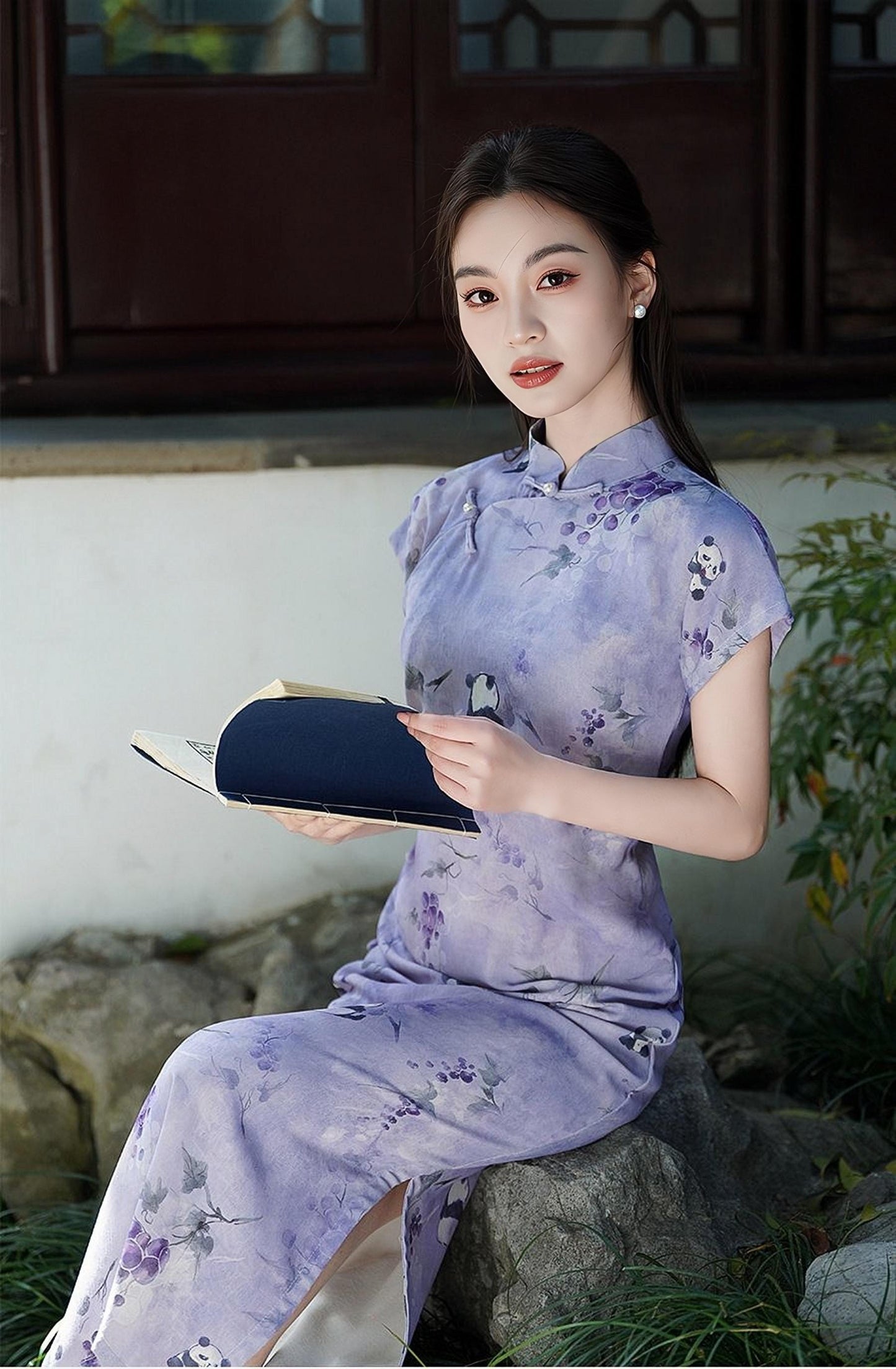 Purple Panda Qipao Dress, Vintage Chinese Cheongsam, Retro Asian Tea Party Dress, Animal Pattern  Dress, regalo para ella