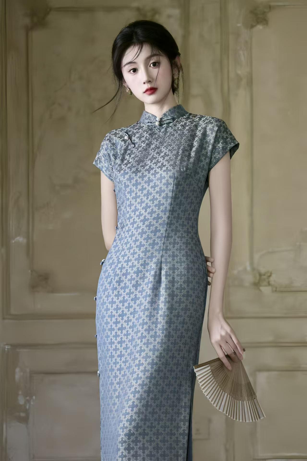Jacquard Qipao Cheongsam, Elegant Mandarin Collar Dress, Vintage Chinese Dress, Slim Fit Party Dress, Blue Formal Dress, Gift