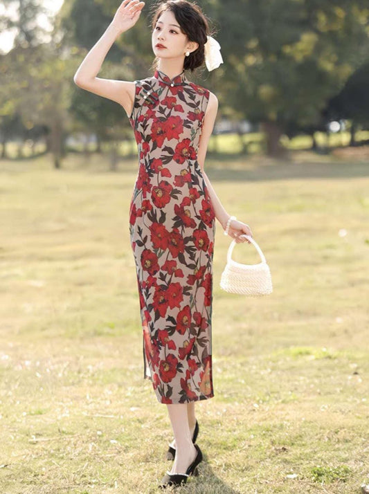 Vestido Qipao Flor Rojo, Vestido Retro Chino, Cheongsam Oriental de Verano, Elegante Qipao Vintage,Vestido Garden Tea Party,regalo para ella