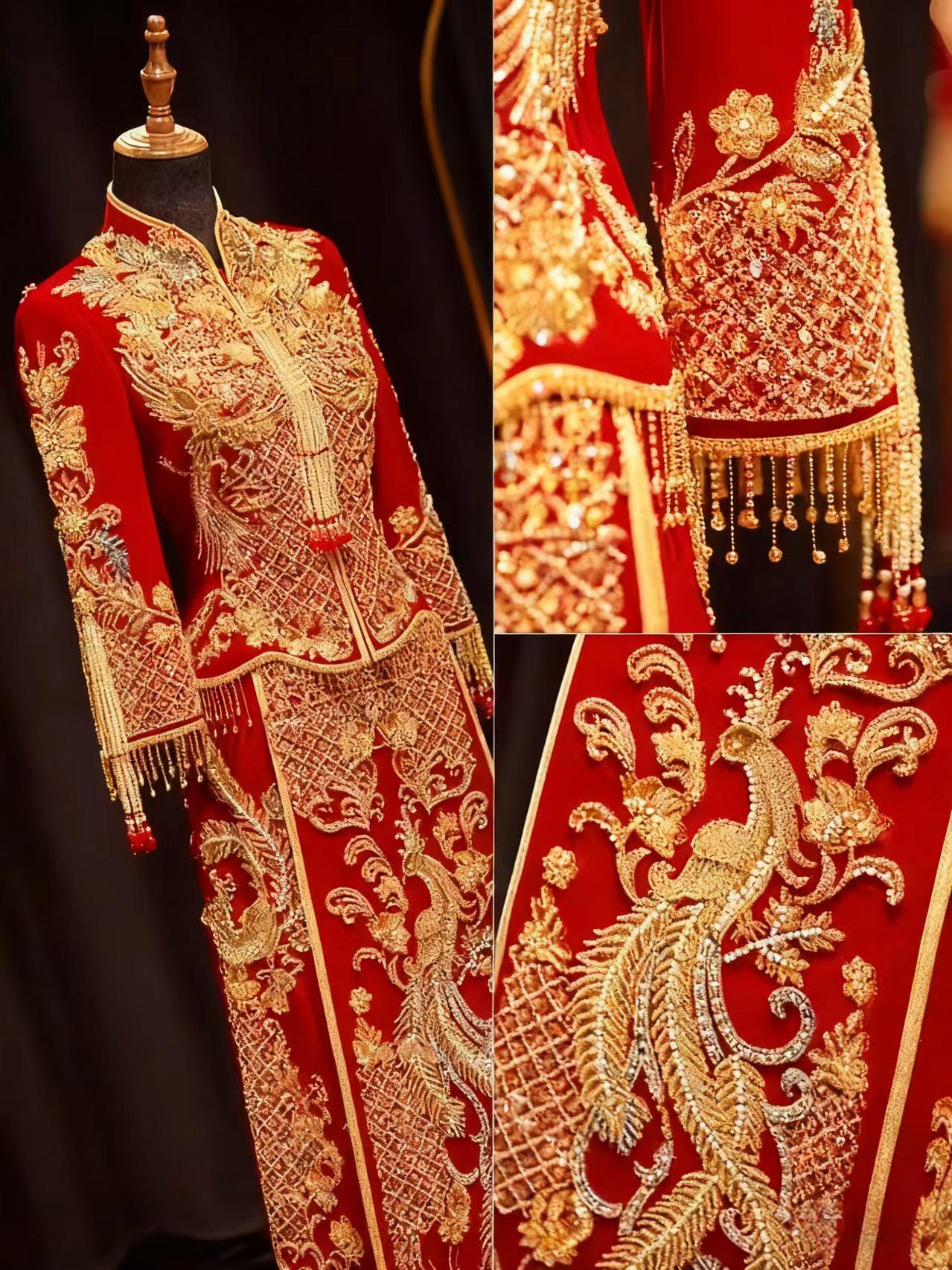 Red Gold Chinese Wedding Dress, Phoenix Sequins Embroidery Qun Kwa Gown, Luxury Oriental Bridal Outfit, Traditional Brocade Cheongsam, Gift