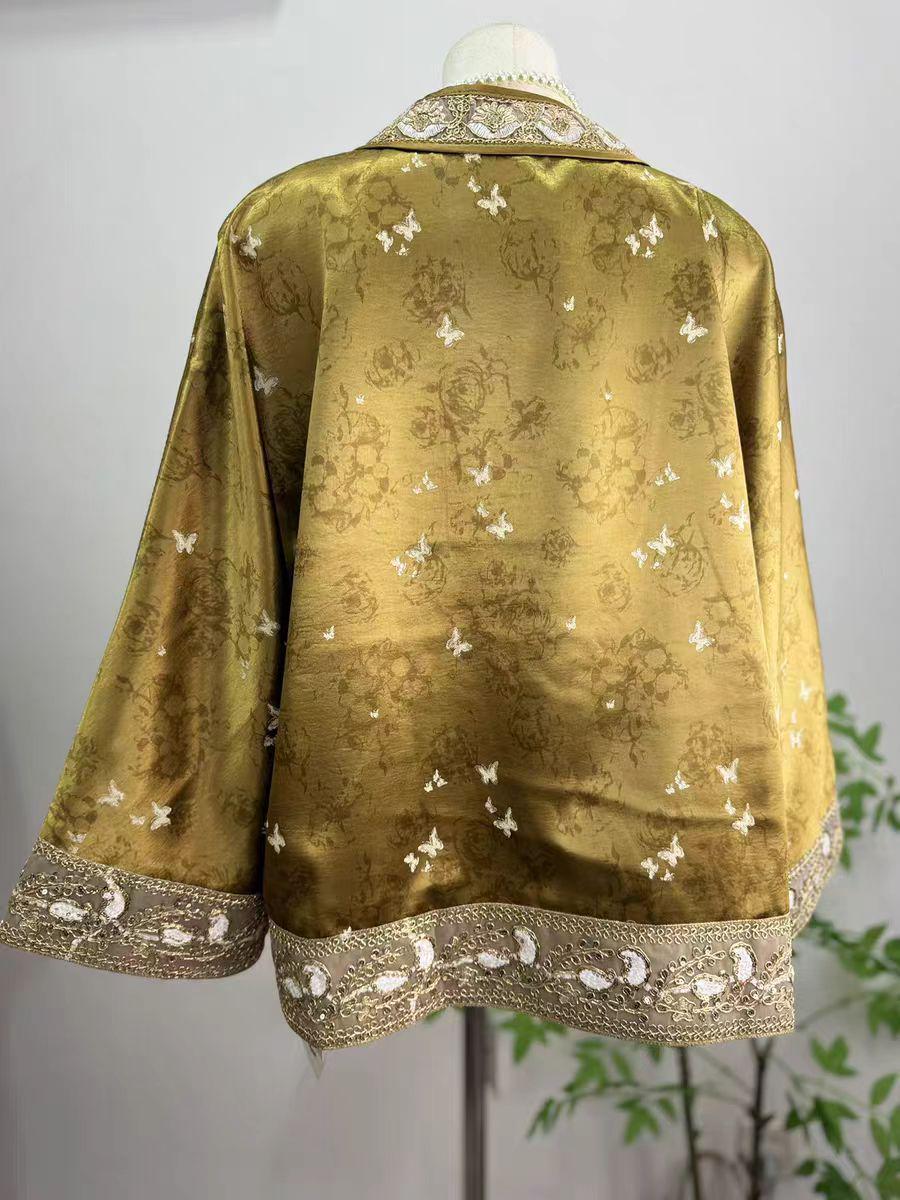 Chaqueta Tang de Oro, Abrigo de Seda China, Top Oriental de Lujo,Blazer Hanfu de Brocado,Prenda Exterior Bordada en Oro,Camisa Estilo Kimono