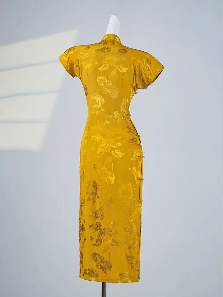 Vestido Cheongsam Dorado, Elegante Vestido Qipao, Vestido Amarillo, Vestido Floral, Estilo Vintage Chino, Traje para la Ceremonia del Té