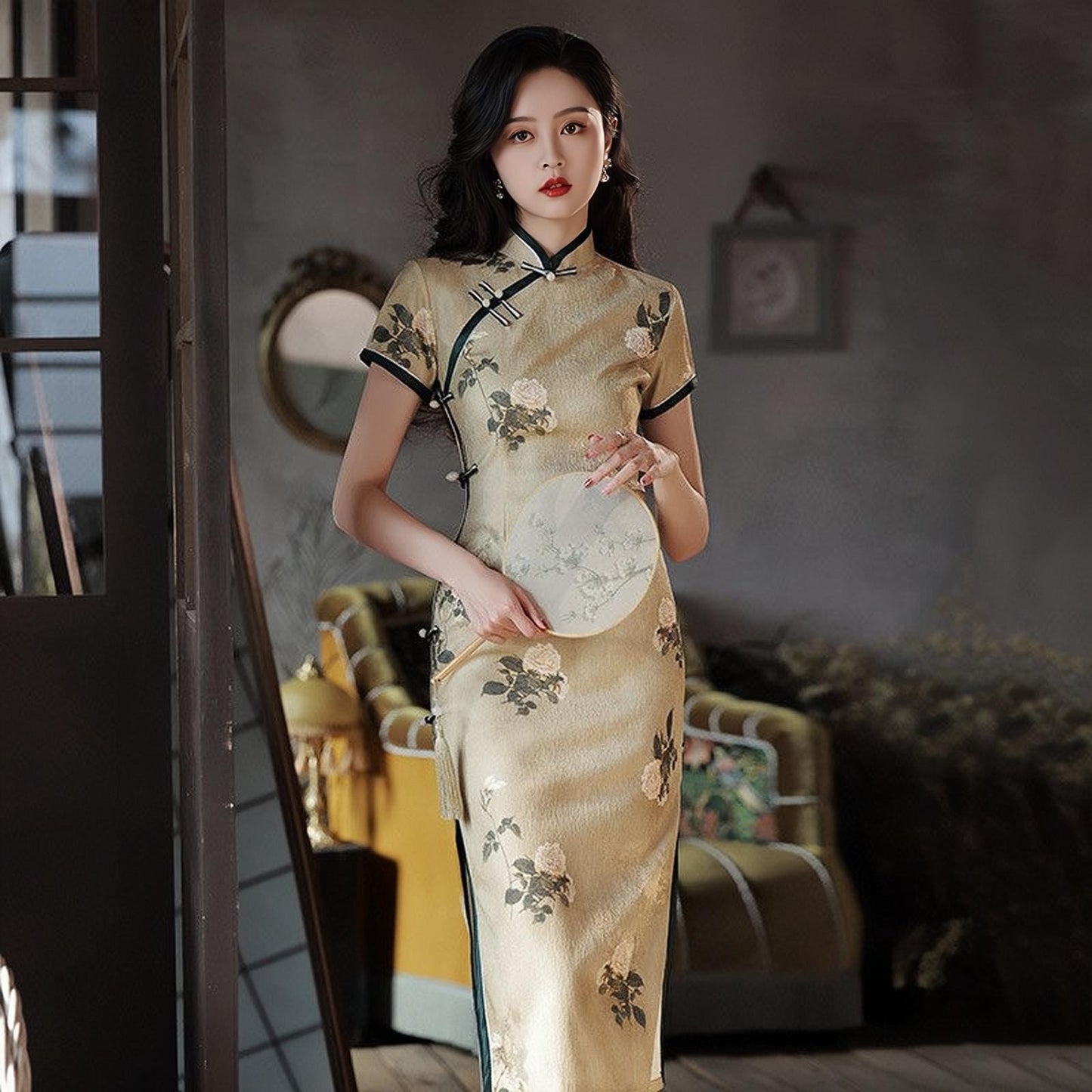 Vestido Qipao de Lino Vintage, Cheongsam Floral Chino Retro, Vestido Mandarina Ramio Natural,Traje para la Fiesta del Té, Vestido Midi