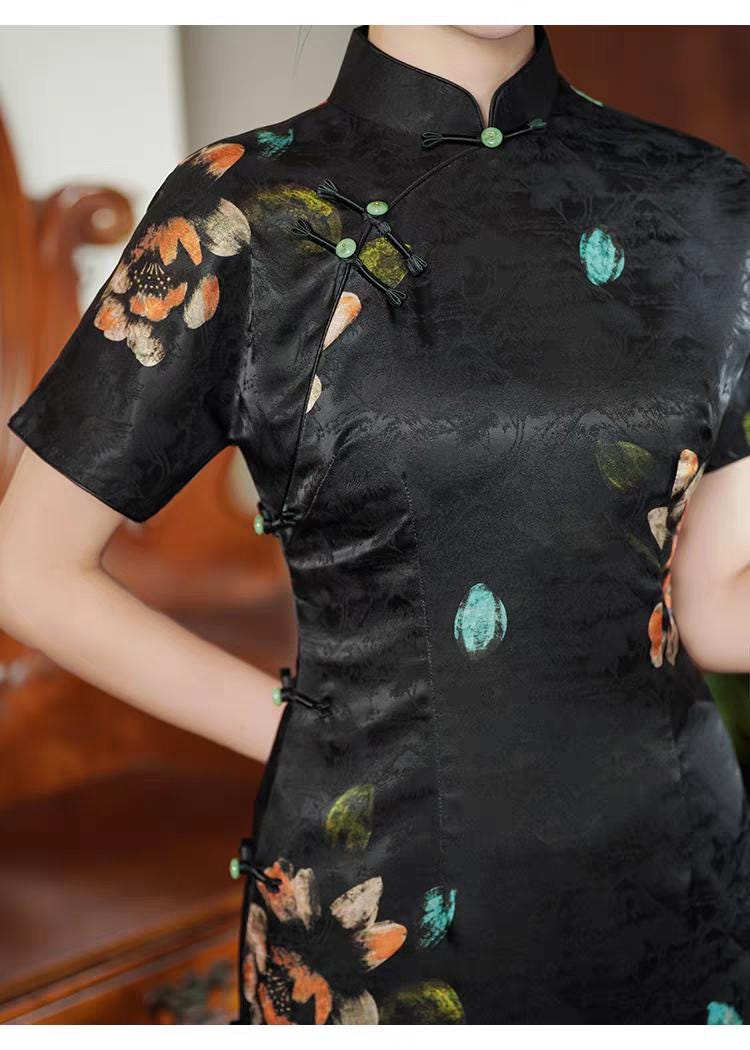 Qipao de jacquard negro, Vestido Cheongsam chino, Vestido Chino Vintage, tallas grandes M-4XL,Vestido para Ceremonia del Té,Regalo para ella