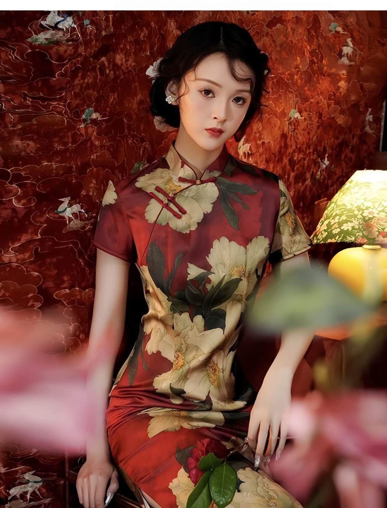 Romántico Qipao Peonía, Vestido Cheongsam Floral Rojo, Vestido de Novia Chino, Vestido Patrón Peonía, tallas grandes S-4XL, Regalo para ella