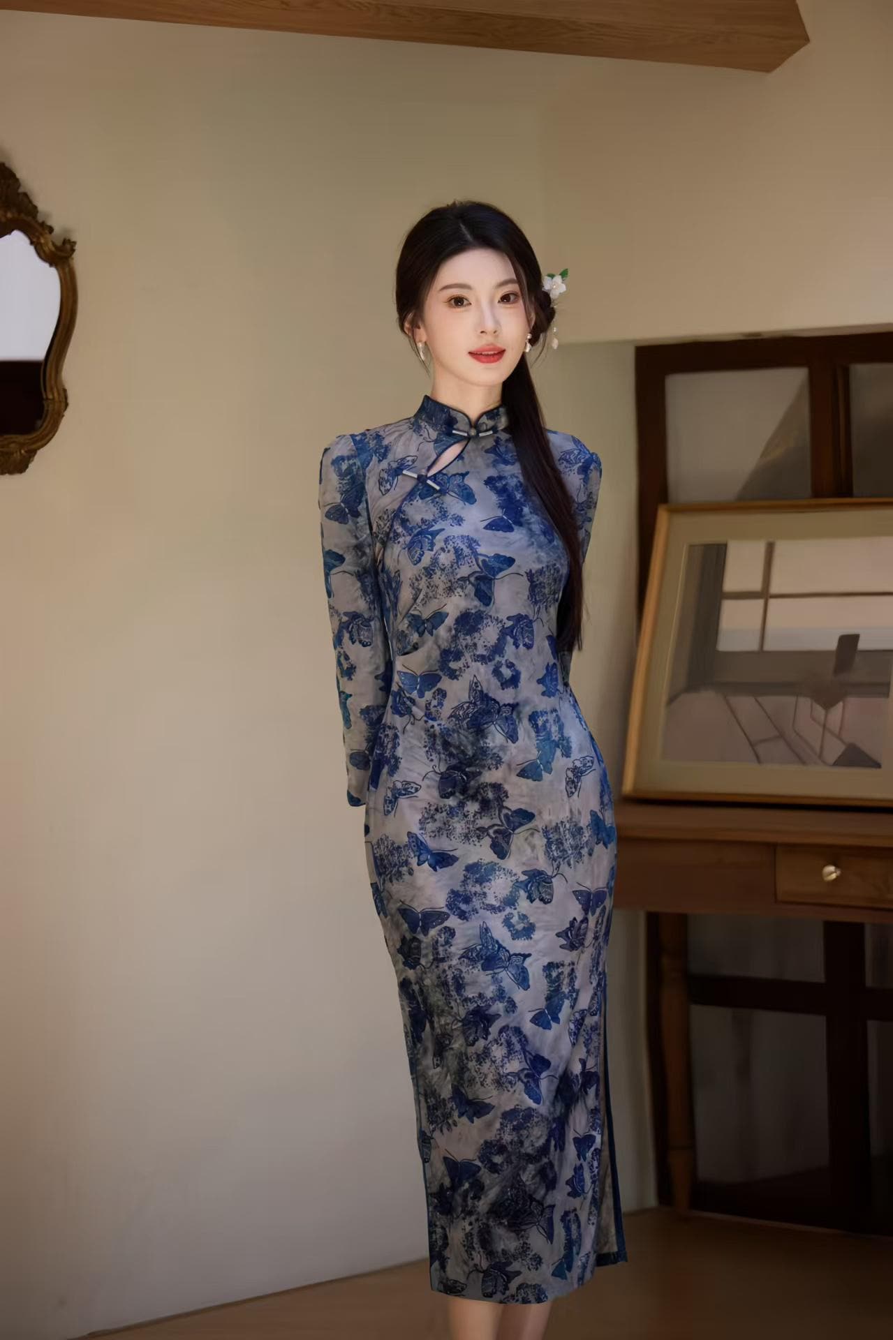 Velvet Qipao Dress, Blue Cheongsam with Butterfly Print, Elegant Oriental Evening Dress, Vintage Chinese Cocktail, Formal Fashion