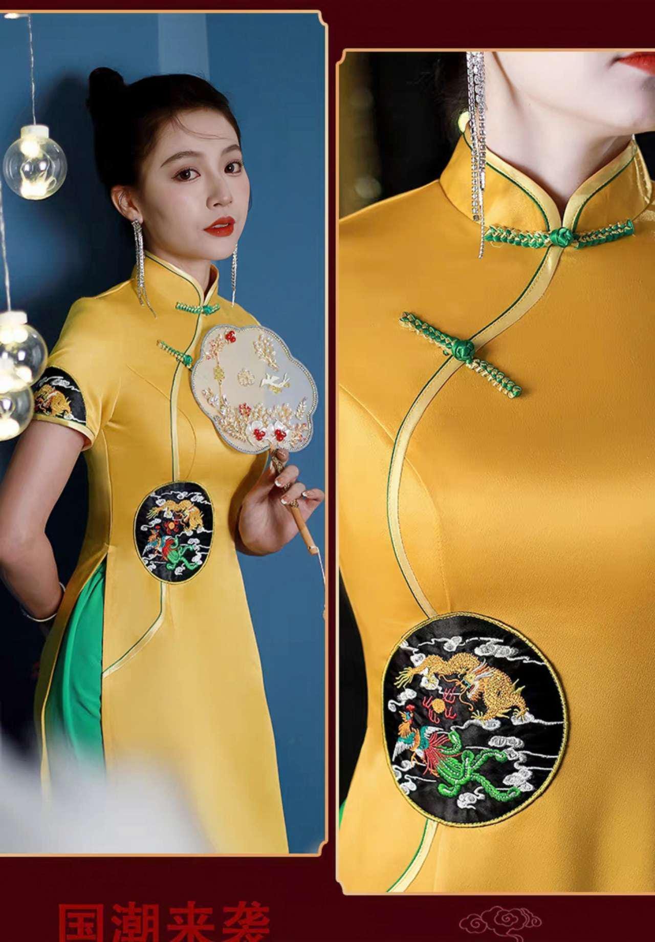 Elegante Cheongsam Blanco, Conjunto Qipao Chino, Vestido Panel Azul, Vestido de Noche Oriental, Vestido Largo, Vestido Ceremonia Cultural