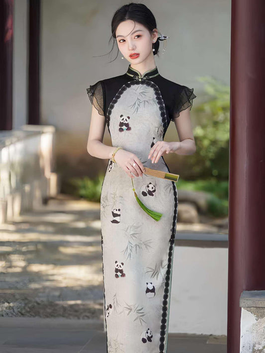 Elegante vestido de panda, Vestido de verano de estilo asiático, Qipao de manga fluida, Qipao con estampado de animales, regalo para ella