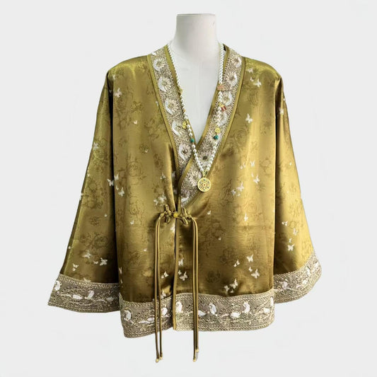 Chaqueta Tang de Oro, Abrigo de Seda China, Top Oriental de Lujo,Blazer Hanfu de Brocado,Prenda Exterior Bordada en Oro,Camisa Estilo Kimono