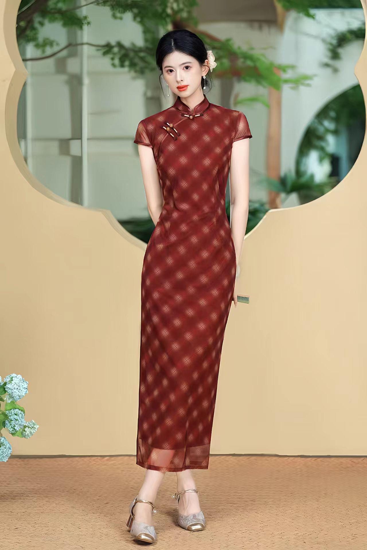 Tencel Sheer Qipao Dress, Red Plaid Cheongsam Gown, Traje de Invitada de Boda, Vestido Cheongsam de Malla Vintage, tallas grandes M-5XL