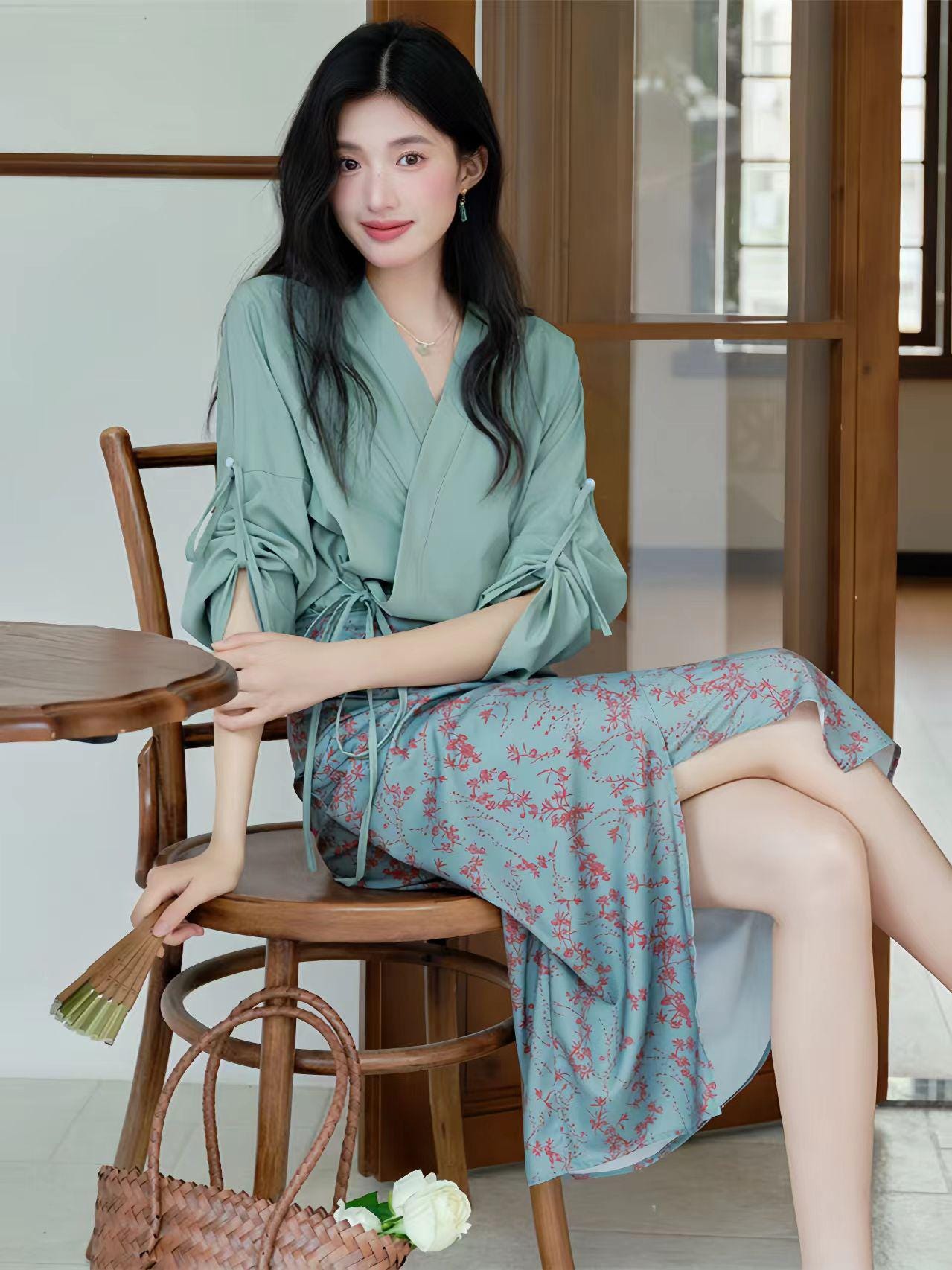 Elegante conjunto de falda y top verde, traje de dos piezas inspirado en el Qipao,conjunto de estilo chino vintage,ropa de oficina cultural