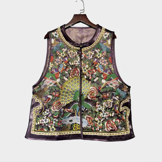 Vintage Chinese Embroidery Vest, Hanfu Style Waistcoat with Flowers and Birds, Unique Gift for Her, Daily Work/Tea Ceremony