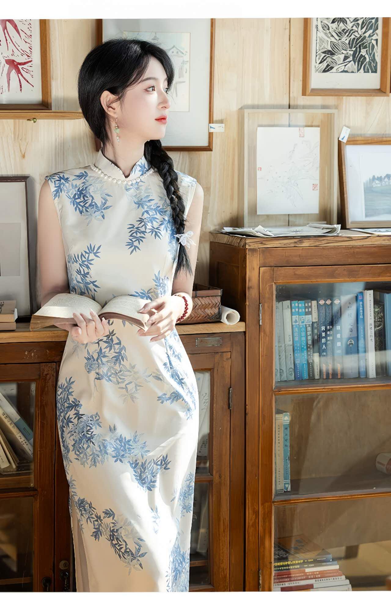 Lino de seda Vestido Cheongsam, Azul Blanco Bambú Qipao, Elegante Vestido de Té Chino, Clásico Estilo Oriental Librería,regalo para ella