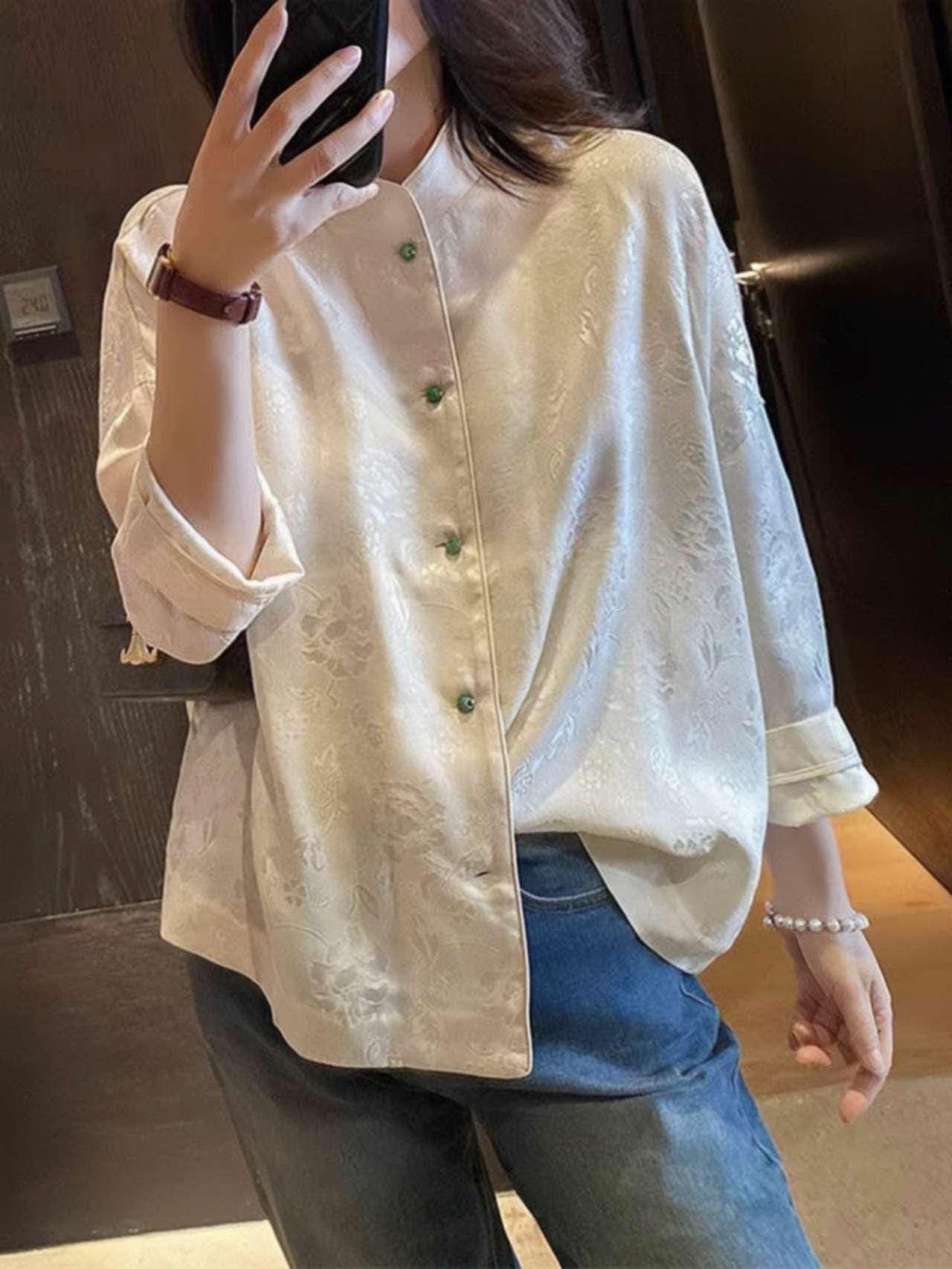 Elegante Camisa de Traje Tang-Camisa de Seda Oriental Primavera Verano- Elegante Blusa Estilo Tang para Ella -Regalo de estilo asiático