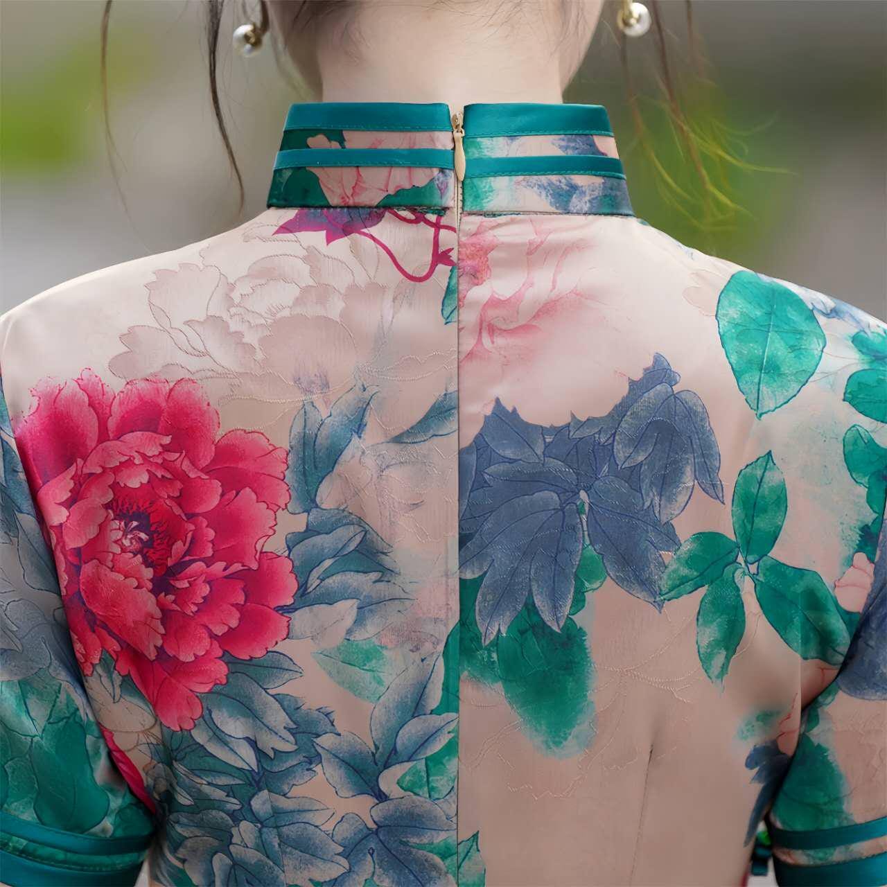 Floral Qipao, Vintage Chinese Cheongsam, Satin Dress, Asian Formal Dress, Tang Dynasty Inspired, Cultural Party Dress,