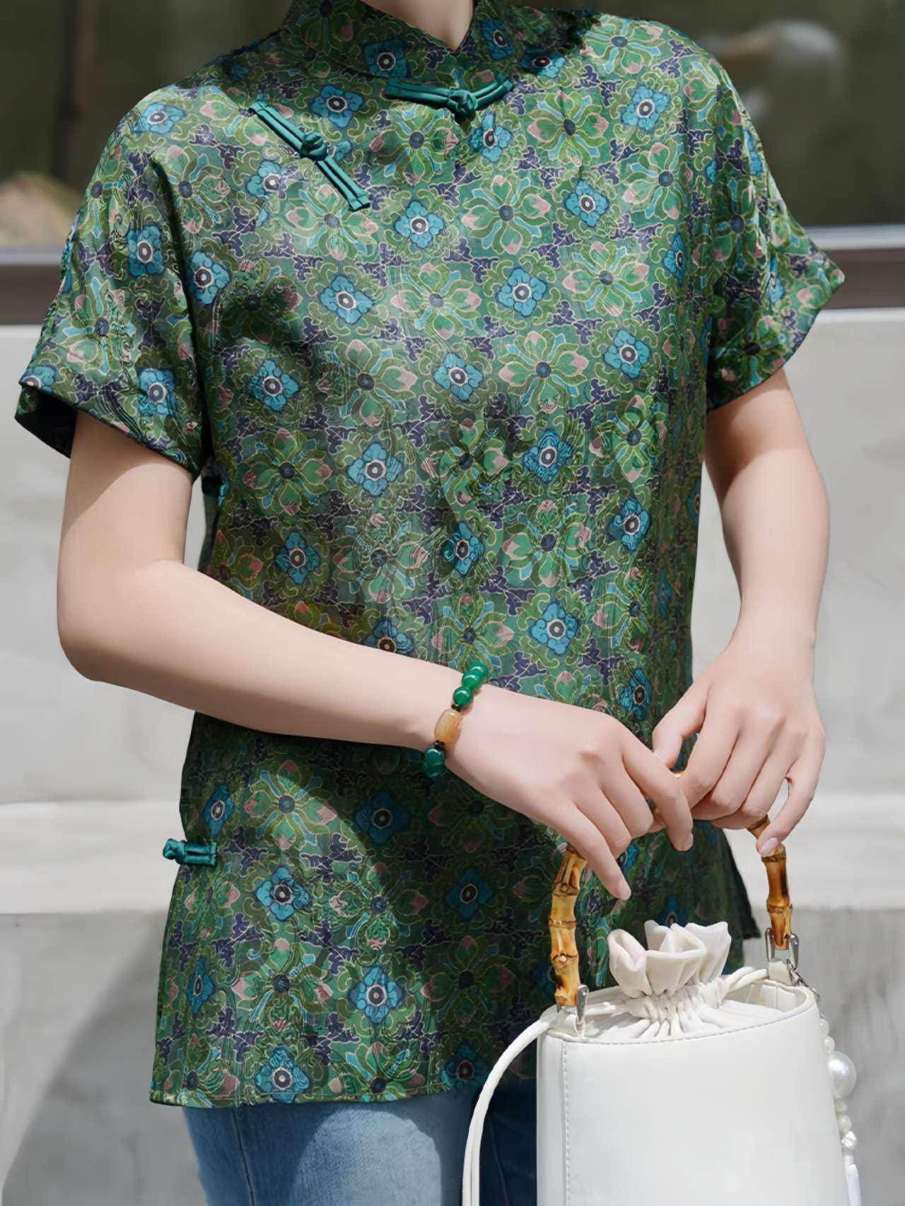 Camisa Verde China Tang,Top Vintage, Blusa Floral,Camisa Tradicional Botón Rana, Top Retro Verano,Moda Cultural Boho,Camisa étnica Statement