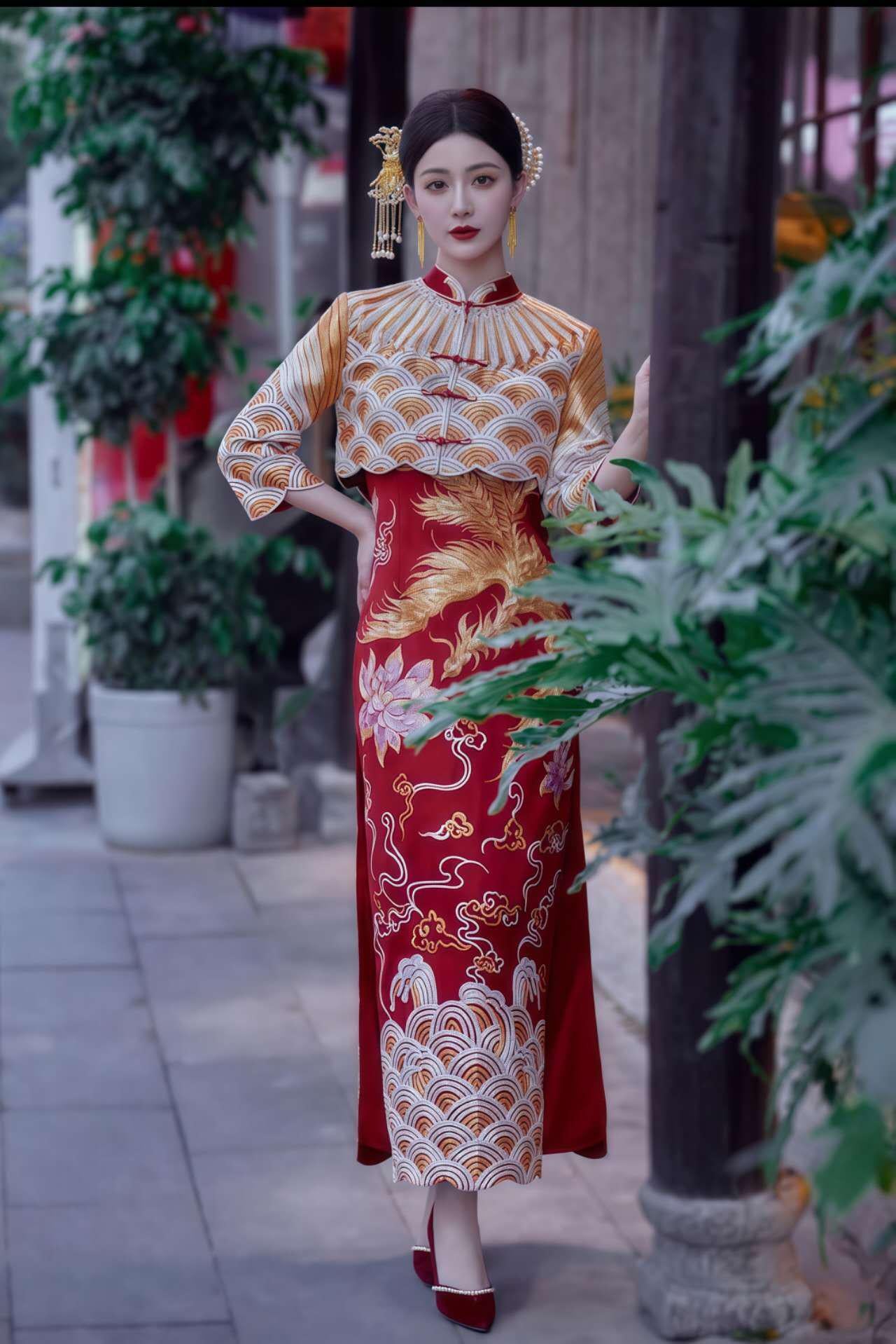 Boda China Qipao Set, Phoenix Dragon Cheongsam Dress, Satin Bridal Dress, Red Gold Chinese Gown,Vintage Two Piece Qipao,Hanfu Inspired Dress