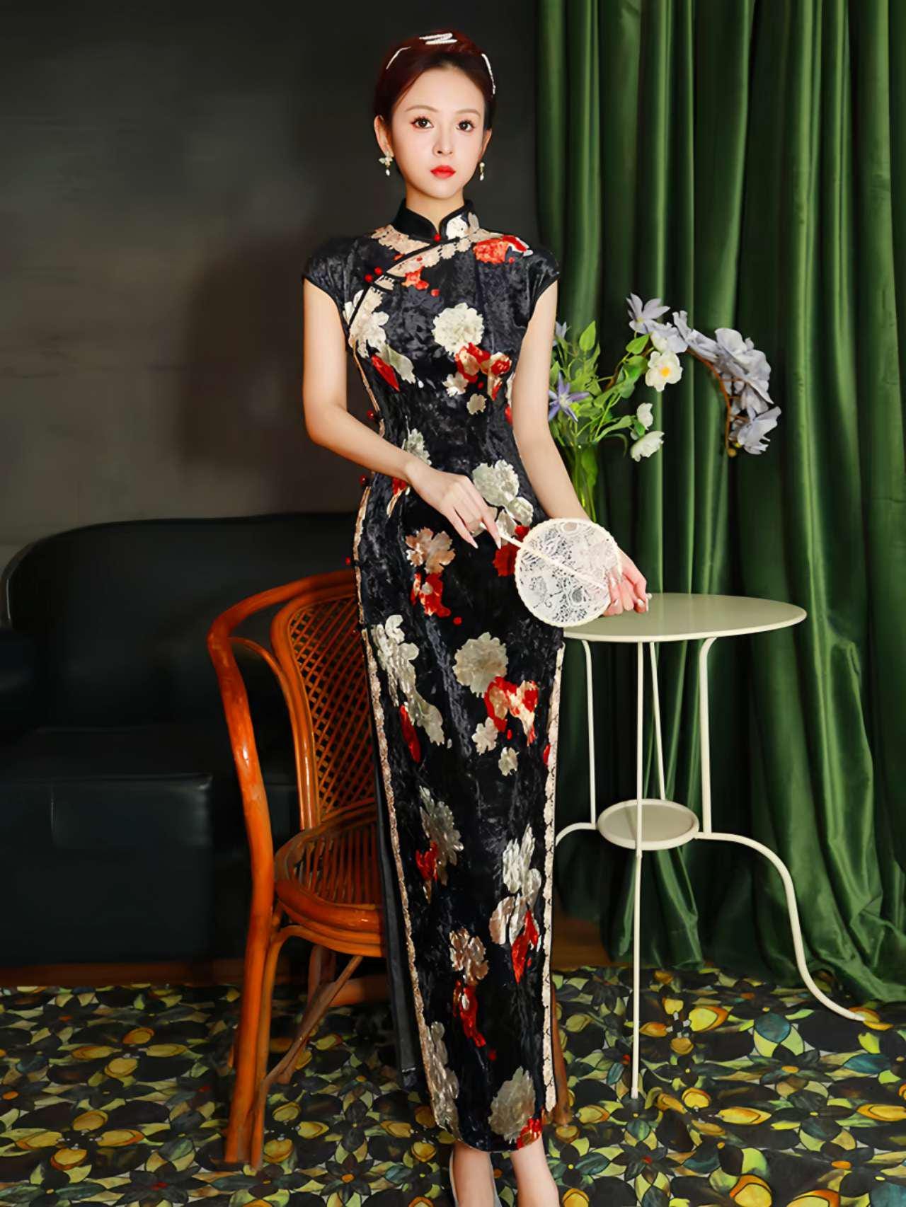 Vestido Qipao de terciopelo, Vestido Cheongsam chino, Vestido Chino Vintage, Tradicional, tallas grandes S-4XL,Vestido para Ceremonia del Té