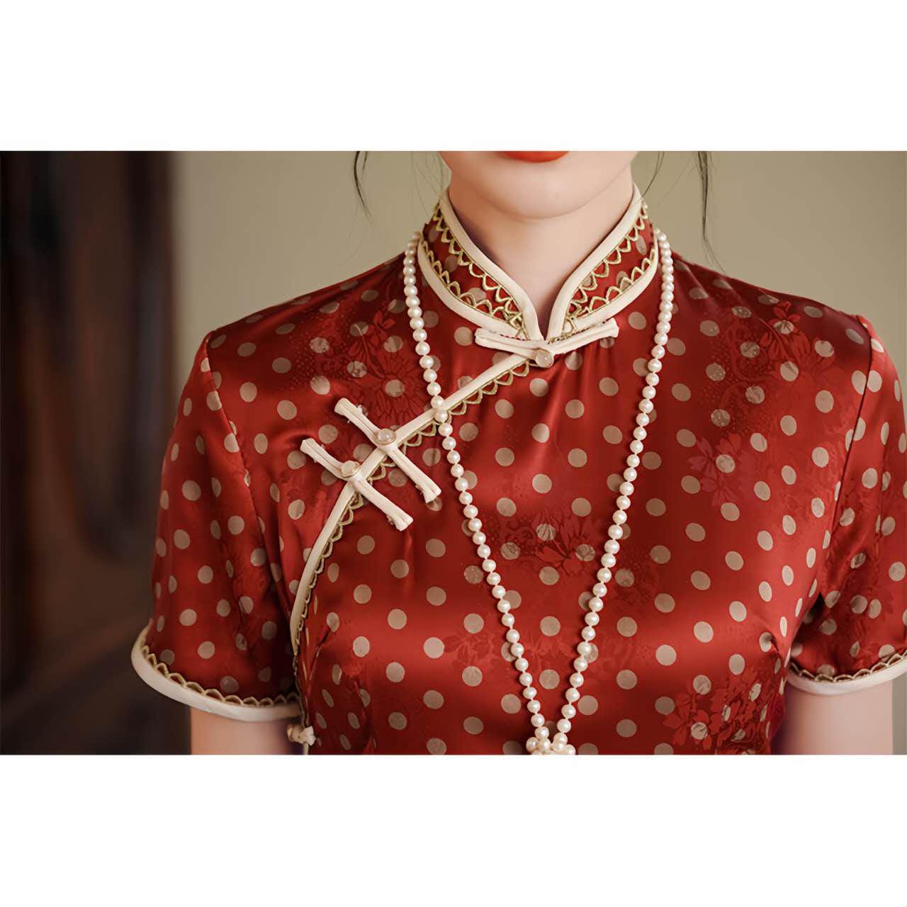 Qipao Vintage de Lunares, Vestido Cheongsam Estilo Francés, Vestido Chino Años 30, Vestido Brocado Floral rojo, Vestido Retro Té Shangai