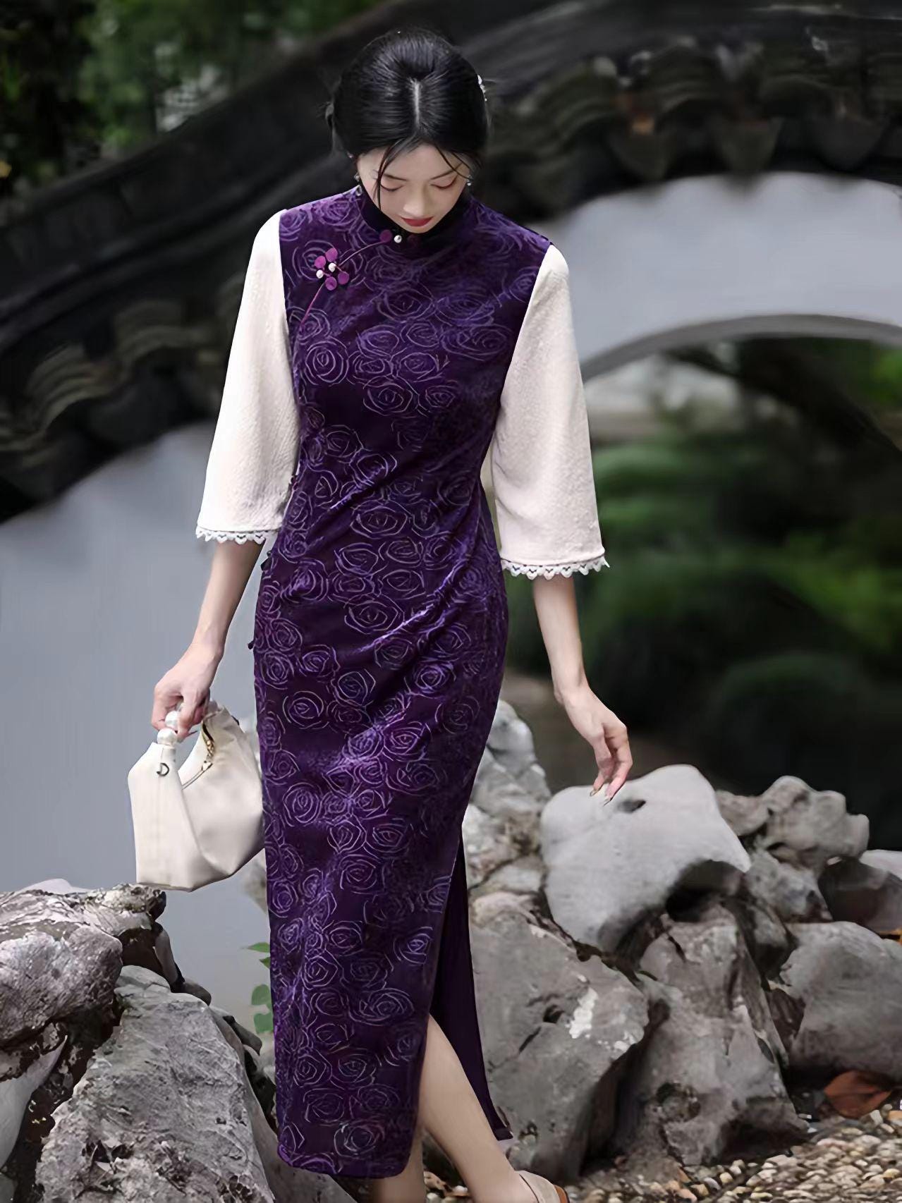 Qipao de Terciopelo,Vestido Cheongsam clásico,Vestido de Fiesta Oriental morado,Vestido Formal Vintage,Cheongsam Retro Floral,para Té o Gala