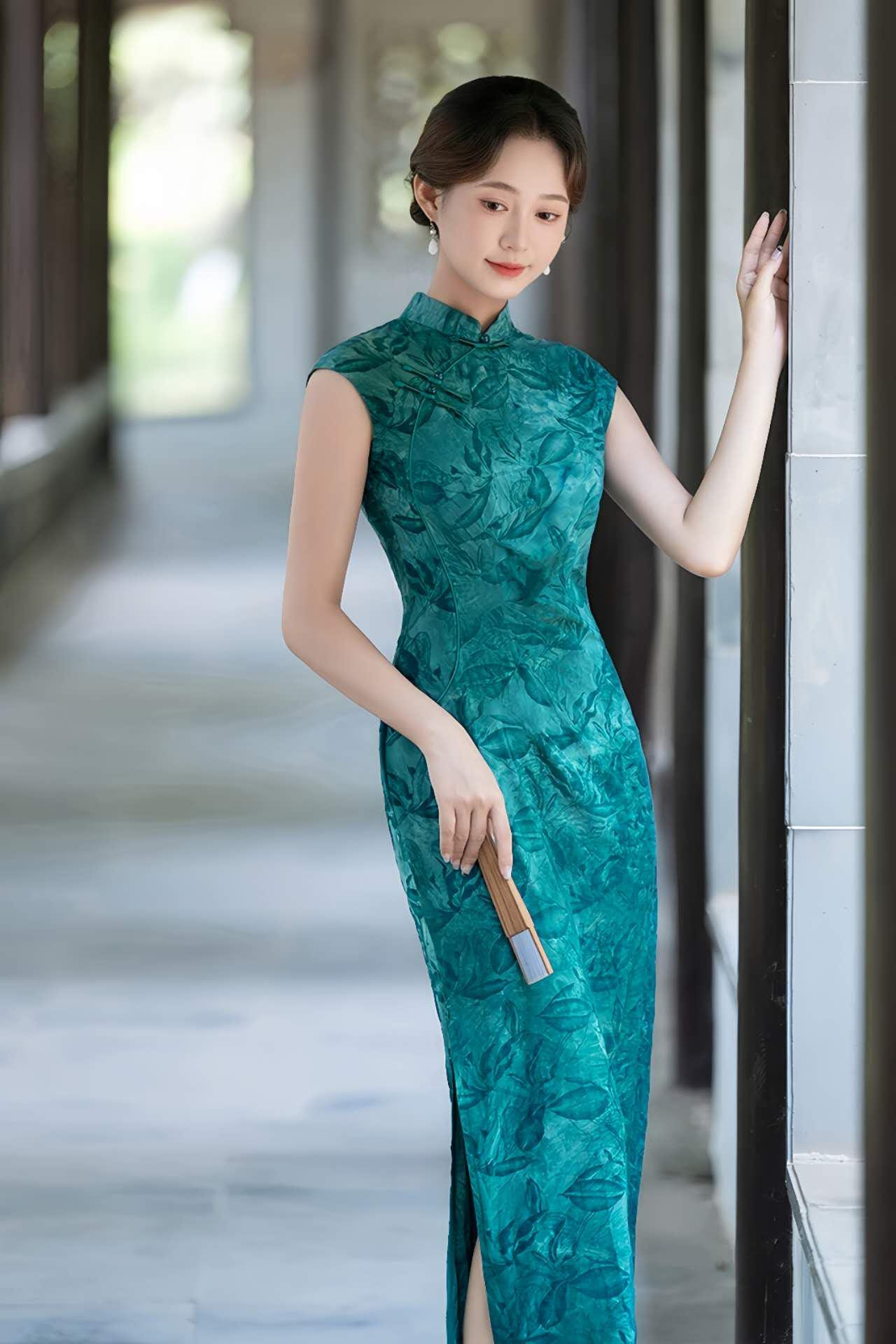 Vestido Qipao Jacquard Floral, Elegante Cheongsam Azul, Vestido Chino Vintage, Vestido Clásico, Oriental Moderno, Vestido Retro Azul Claro