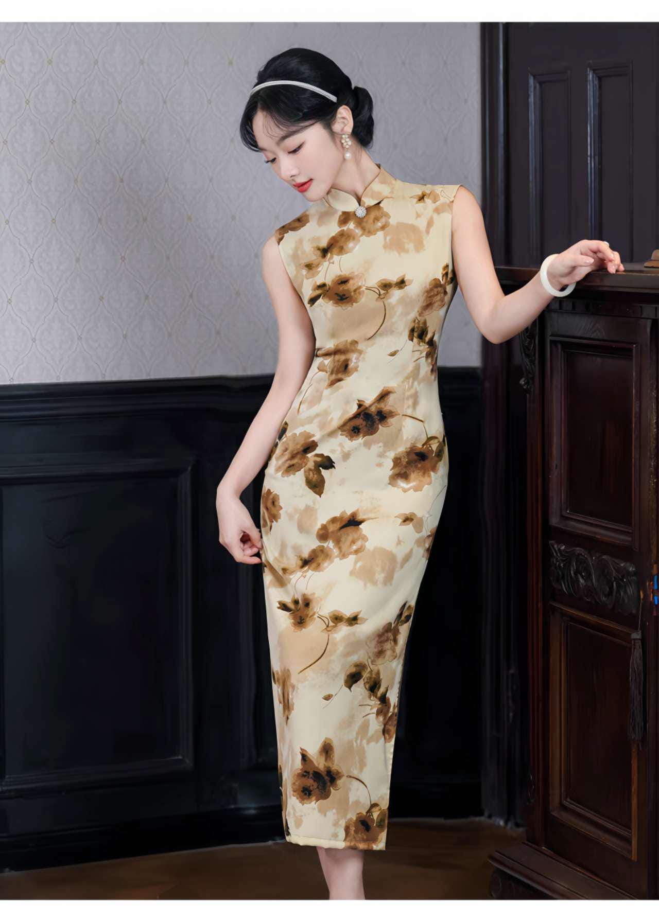 Qipao Amarillo Vintage, Vestido Cheongsam Floral, vestido de verano, Vestido Midi Chino, Vestido Vintage Elegante para Té,  regalo para ella
