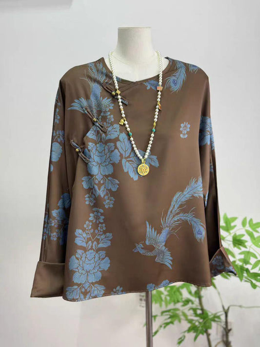 Blusa china de mezcla de seda marrón, camisa de estilo asiático vintage, traje tradicional Tang de corte holgado, top de moda oriental único