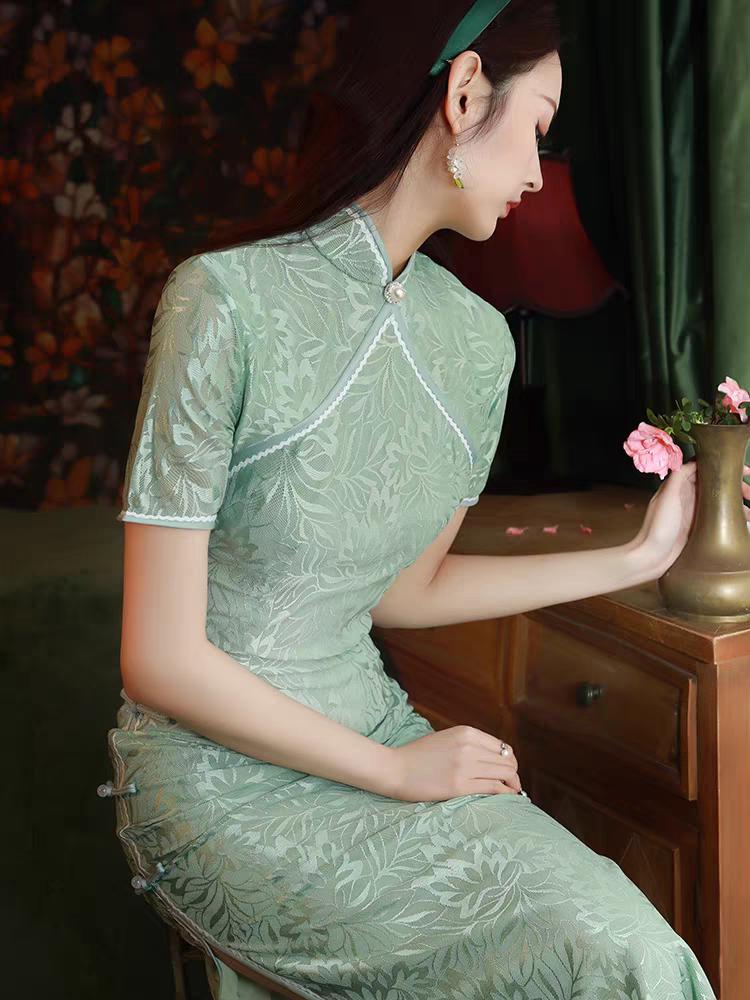 Vestido Qipao de Encaje Verde, Cheongsam Vintage, Elegante Vestido de Noche Chino, Vestido Largo Formal,Vestido de Invitada de Boda Oriental