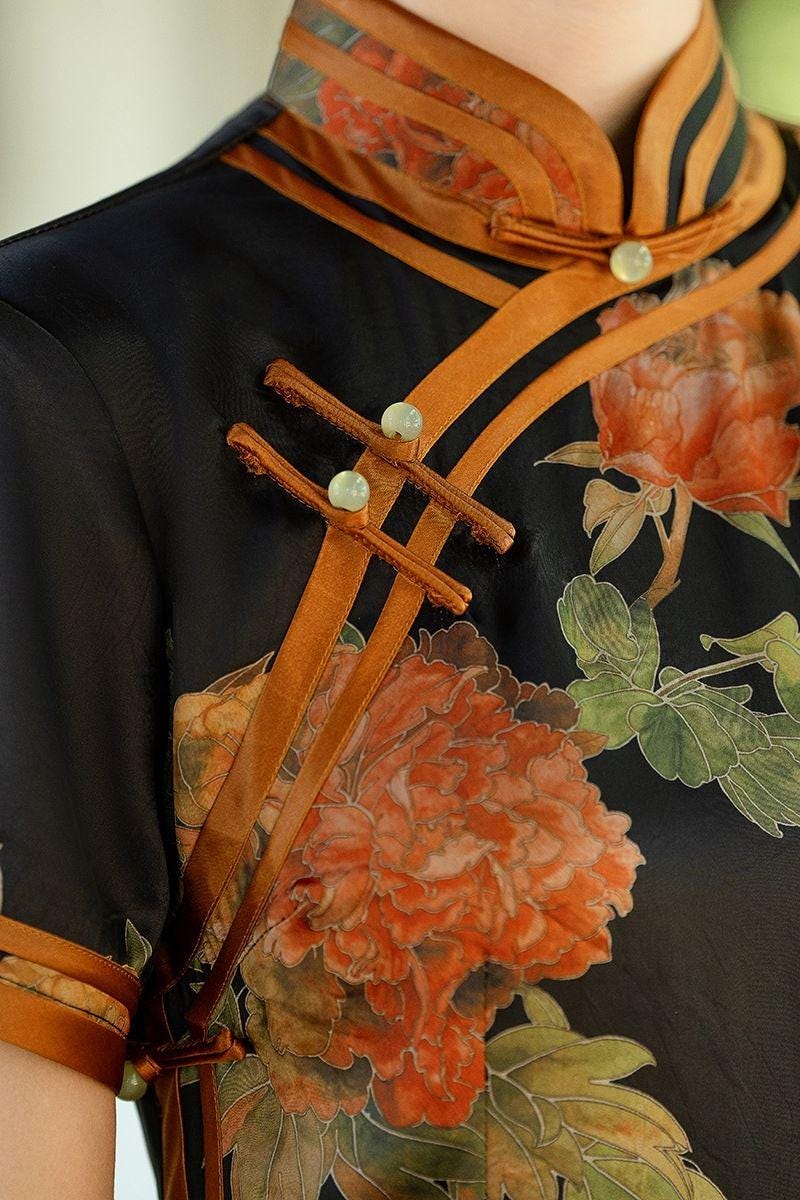 Black Satin Floral Qipao, Classic Style Cheongsam, Summer Dress, Floral Oriental Dress, Asian Wedding Guest Dress