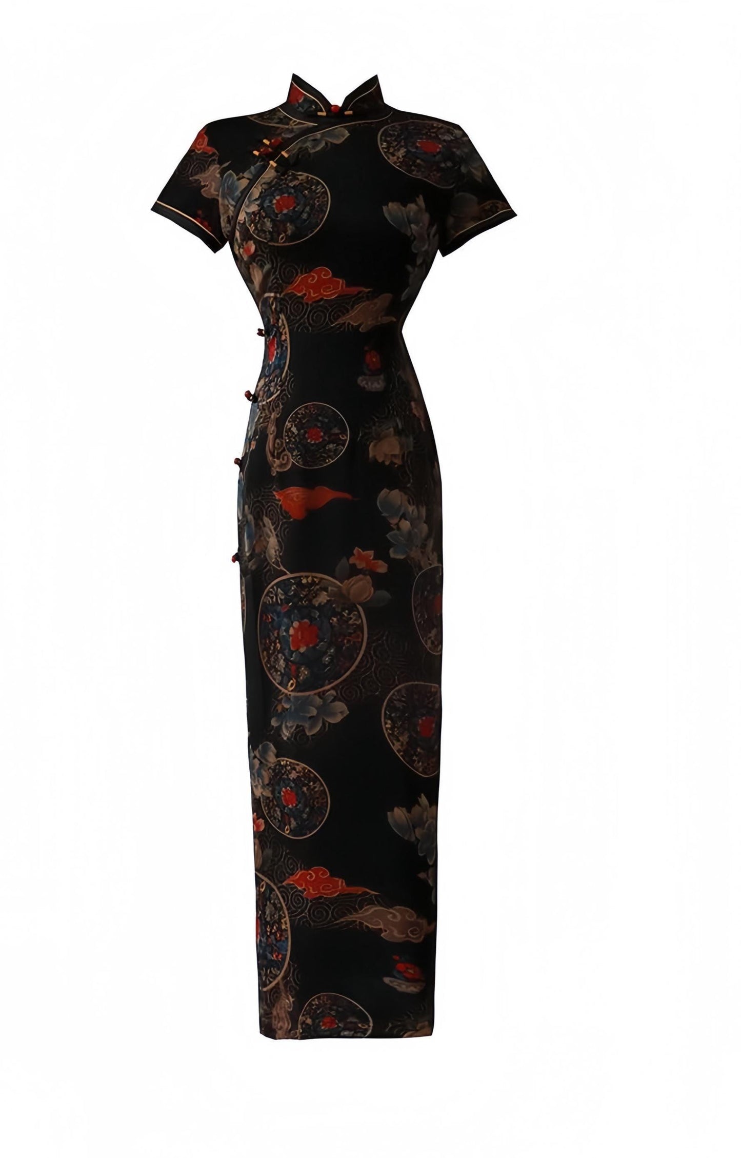 Vintage Chinese Cheongsam - Elegant Evening Dress with Lucky Cloud and Orchid Motif - Unique Printed Oriental Dress